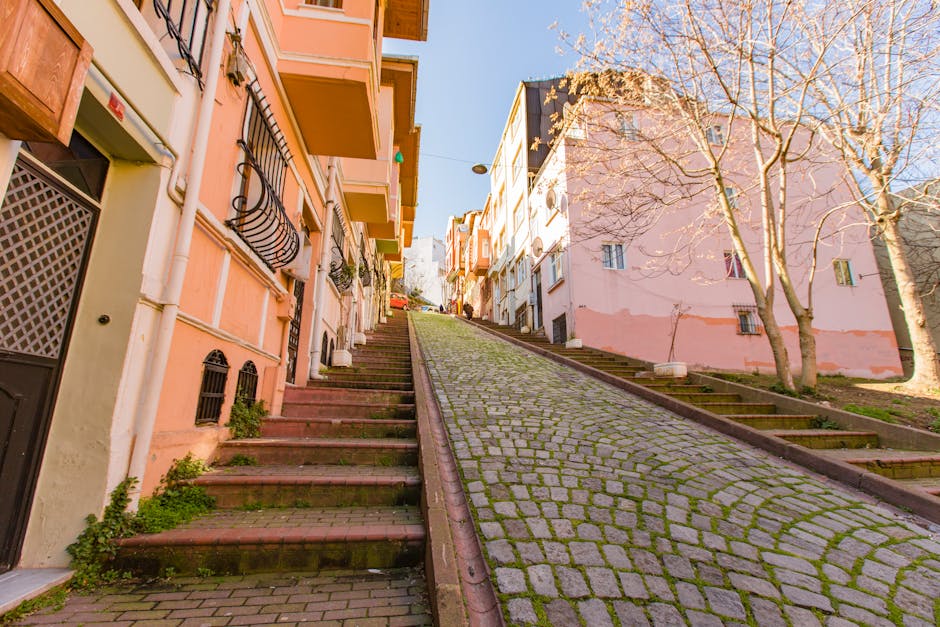 A narrow cobbled street in Crouch End N8 with steep stairs leading to residential buildings on both sides during daytime. The left side features pastel-coloured houses with small balconies, black railings, and windows with decorative grilles. The right side has a pink-painted apartment with a large, leafless tree casting shadows on its façade. The street includes a central paved section with stone cobblestones, flanked by brick steps that lead up to the houses. Some steps have grassy patches and small plants growing between them. A few plastic and cardboard boxes are visible at the base of the steps, likely part of a home relocation or packing process, with furniture blankets and moving straps possibly used nearby. The scene appears to be set during a clear day with bright sunlight illuminating the façades and the street, representing an environment suitable for home moving services, such as those provided by Removal Company Haringey, which specializes in removals and furniture transport through narrow streets and staircases.
