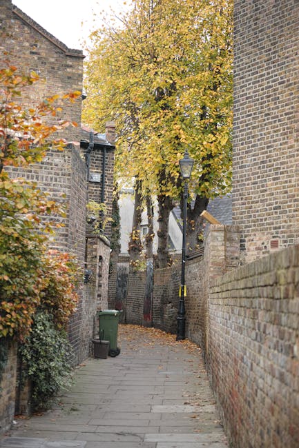 A narrow cobbled street in Crouch End N8 with steep stairs leading to residential buildings on both sides during daytime. The left side features pastel-coloured houses with small balconies, black railings, and windows with decorative grilles. The right side has a pink-painted apartment with a large, leafless tree casting shadows on its façade. The street includes a central paved section with stone cobblestones, flanked by brick steps that lead up to the houses. Some steps have grassy patches and small plants growing between them. A few plastic and cardboard boxes are visible at the base of the steps, likely part of a home relocation or packing process, with furniture blankets and moving straps possibly used nearby. The scene appears to be set during a clear day with bright sunlight illuminating the façades and the street, representing an environment suitable for home moving services, such as those provided by Removal Company Haringey, which specializes in removals and furniture transport through narrow streets and staircases.