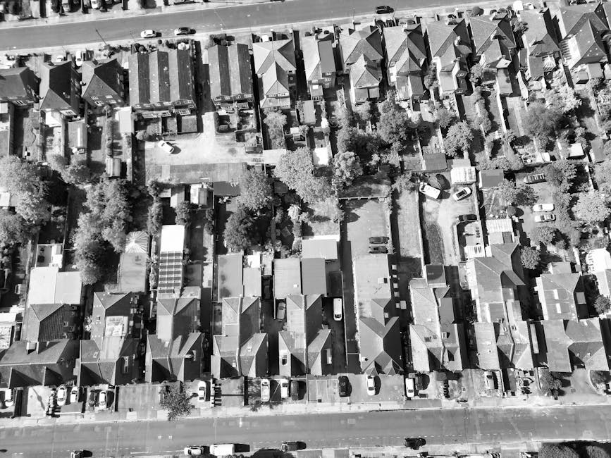 An aerial black and white photograph showing a row of terraced houses on a residential street, with the backs of their gardens and rear entrances visible. Some gardens contain outdoor furniture, trees